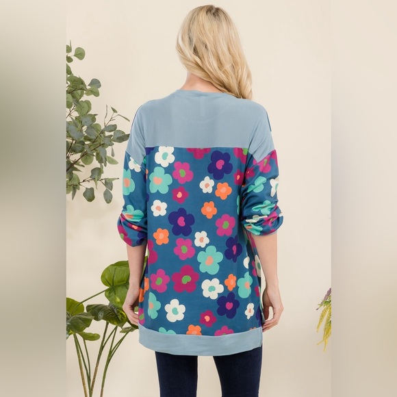 Celeste Side Slit Flower Print Long Sleeve Top - Picture 2 of 6